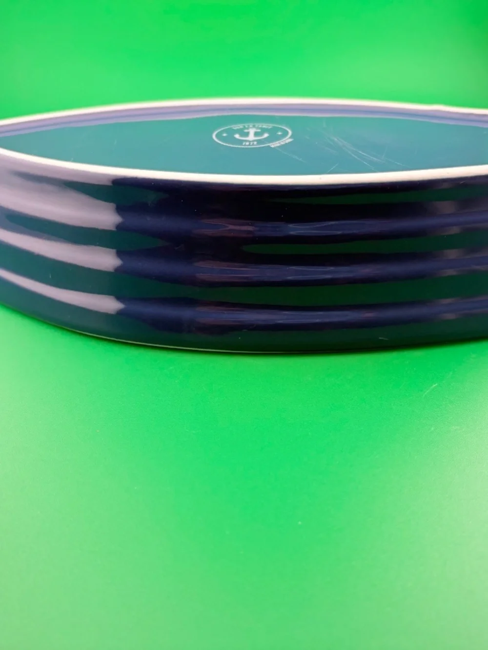 Share Sur La Table Boat-Shaped Serving Bowl Navy Blue White Interior Glazed Ston